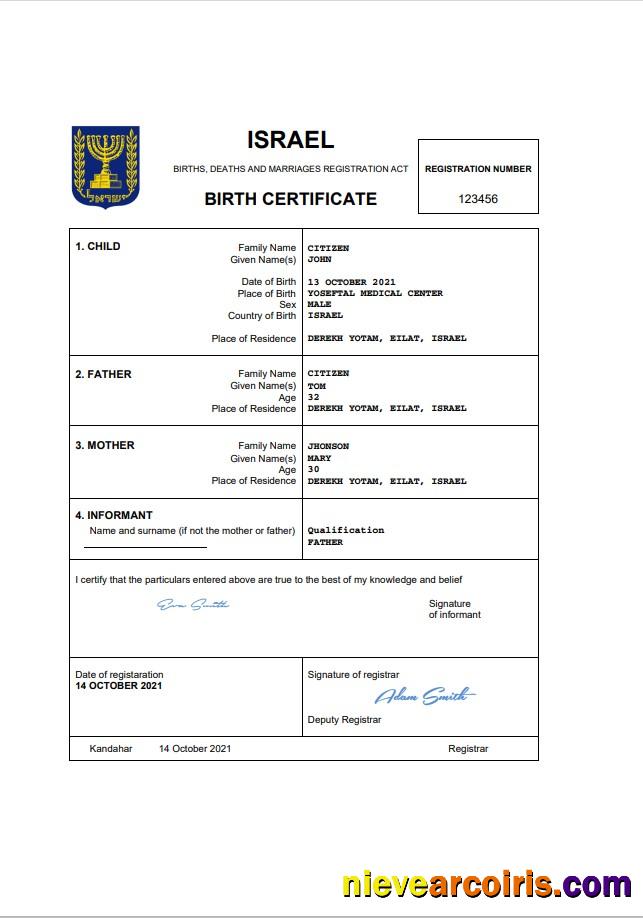 Israel vital record birth certificate